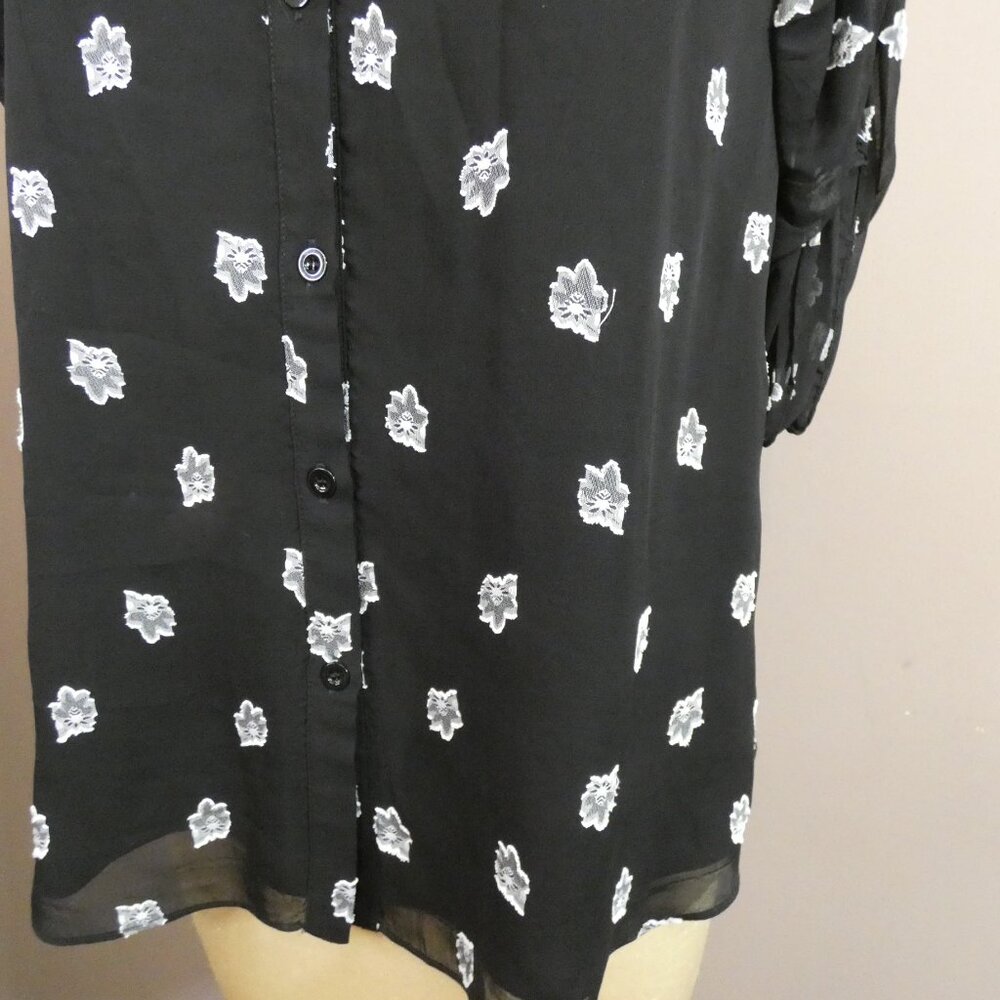 Shoshanna Women's M Terra Top Black Semi Sheer Floral Button Up Ruffle Detail - Picture 3 of 11